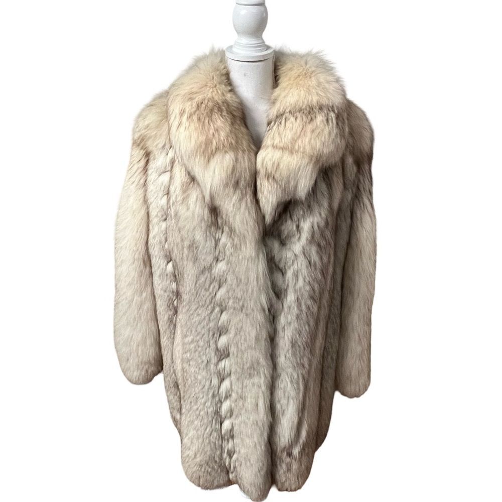 Blue Fox Stroller Coat Size L Shawl Collar Braid Design Genuine Fur Womens
